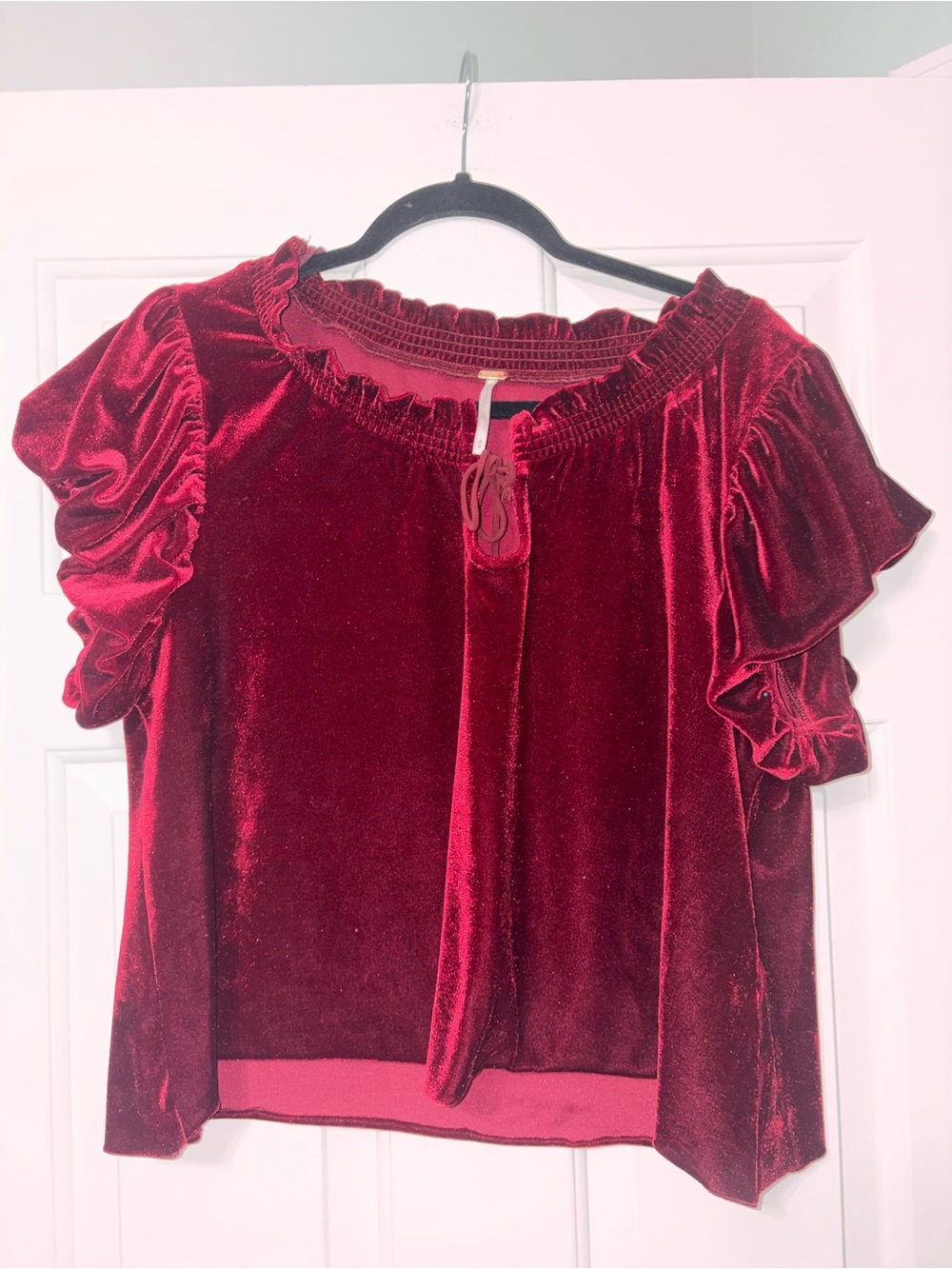 Free People Velvet Ruffle Sleeve Blouse - Wine